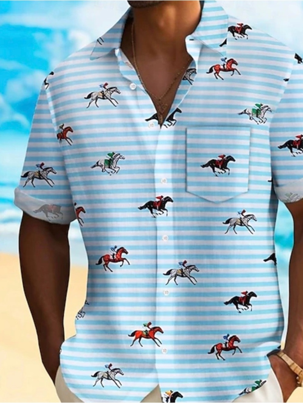 Men's Light Blue Striped Horse-Print Short Sleeve Button-Down Shirt
